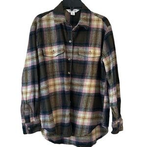 Green Cream Pink Plaid Flannel Boyfriend Long Sleeve Shirt XS 💕